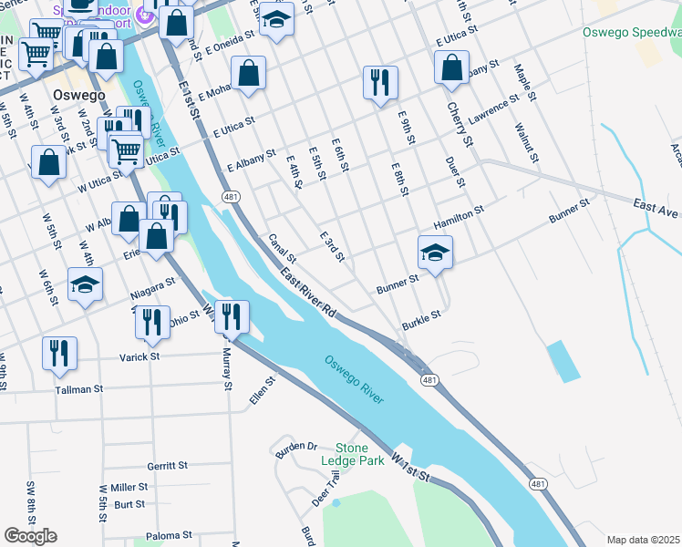 map of restaurants, bars, coffee shops, grocery stores, and more near 250 Syracuse Avenue in Oswego