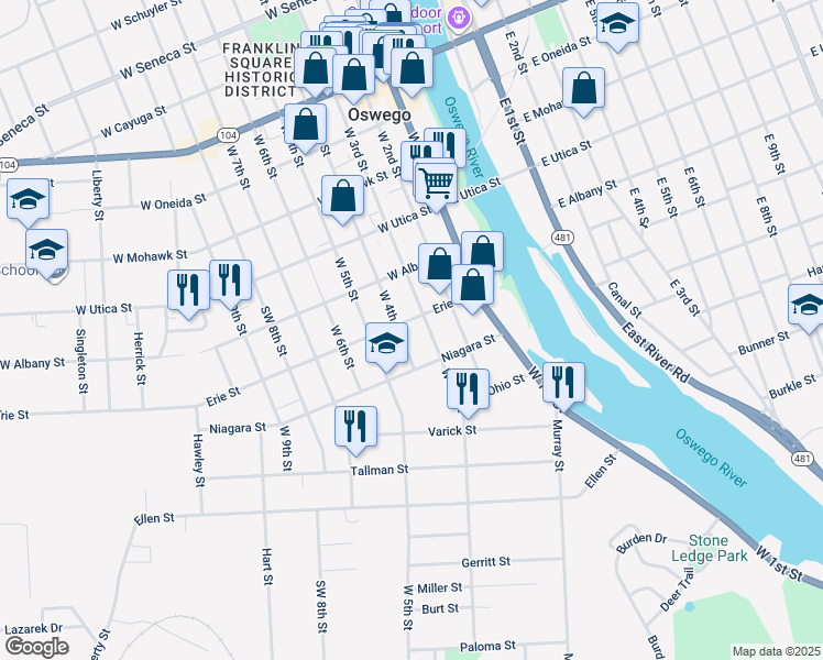 map of restaurants, bars, coffee shops, grocery stores, and more near 257 West 4th Street in Oswego