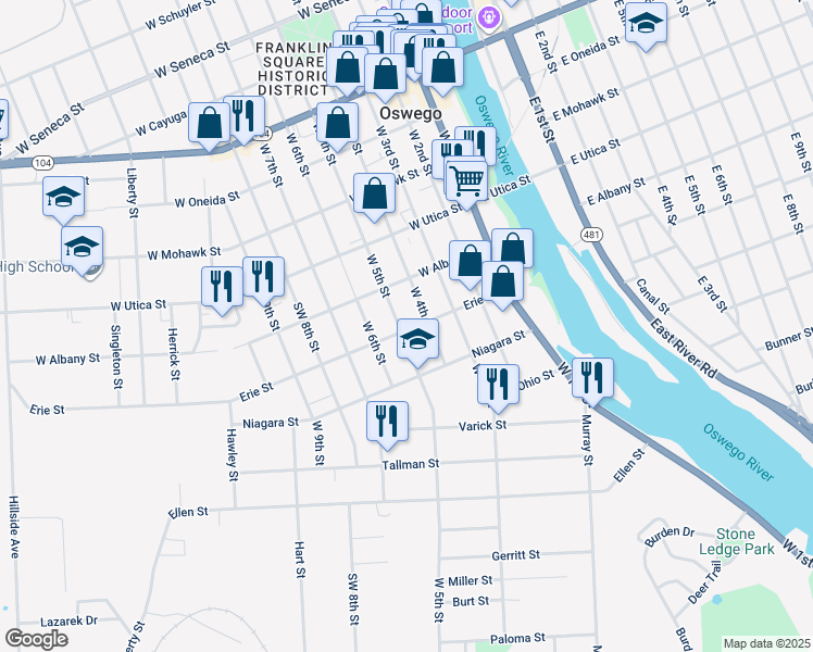 map of restaurants, bars, coffee shops, grocery stores, and more near 250 West 5th Street in Oswego
