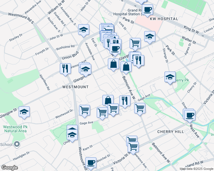 map of restaurants, bars, coffee shops, grocery stores, and more near 33 Balmoral Drive in Kitchener