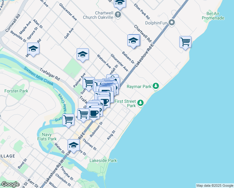 map of restaurants, bars, coffee shops, grocery stores, and more near 370 Lakeshore Road East in Oakville