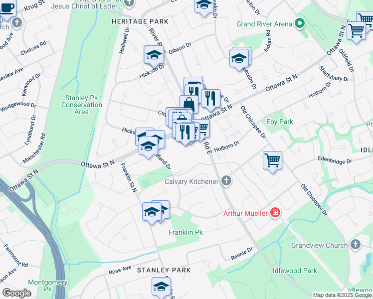 map of restaurants, bars, coffee shops, grocery stores, and more near 1005 River Road East in Kitchener