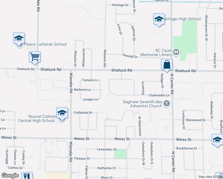 map of restaurants, bars, coffee shops, grocery stores, and more near 2860 Nottingham Drive West in Saginaw