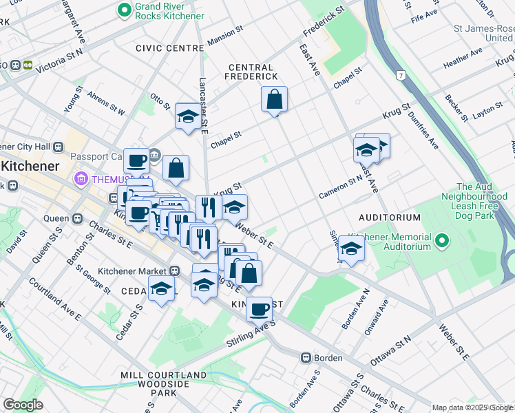 map of restaurants, bars, coffee shops, grocery stores, and more near 28 Rose Street in Kitchener