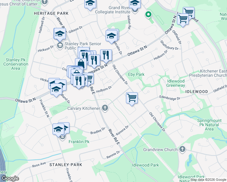 map of restaurants, bars, coffee shops, grocery stores, and more near 45 Holborn Drive in Kitchener