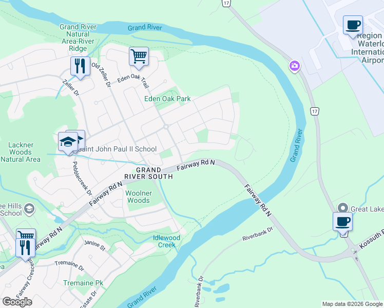 map of restaurants, bars, coffee shops, grocery stores, and more near 239 Eden Oak Trail in Kitchener