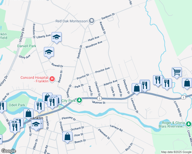 map of restaurants, bars, coffee shops, grocery stores, and more near 75 Chestnut Street in Franklin