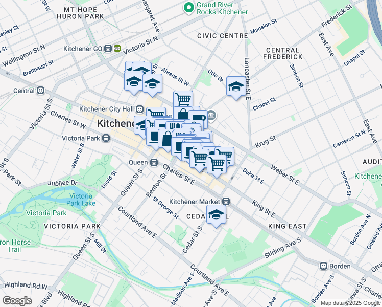 map of restaurants, bars, coffee shops, grocery stores, and more near in Kitchener