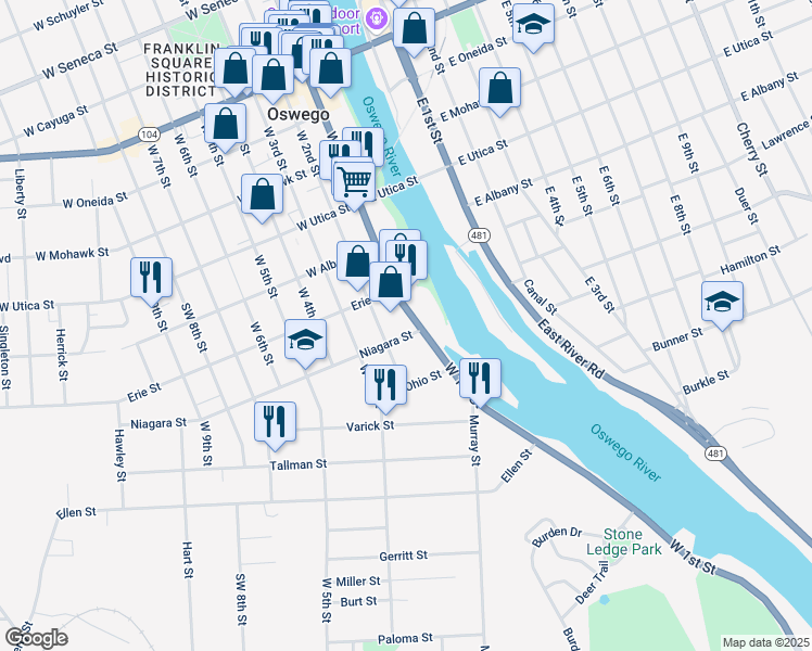 map of restaurants, bars, coffee shops, grocery stores, and more near 382 West 1st Street in Oswego