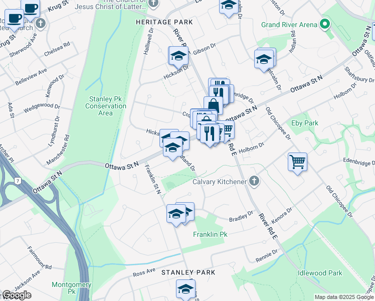 map of restaurants, bars, coffee shops, grocery stores, and more near 24 Midland Drive in Kitchener