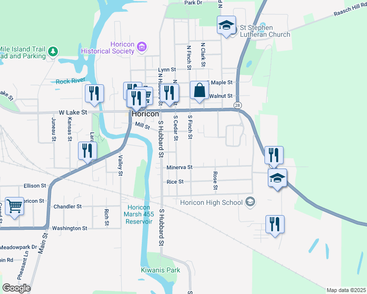 map of restaurants, bars, coffee shops, grocery stores, and more near 611 Mill Street in Horicon