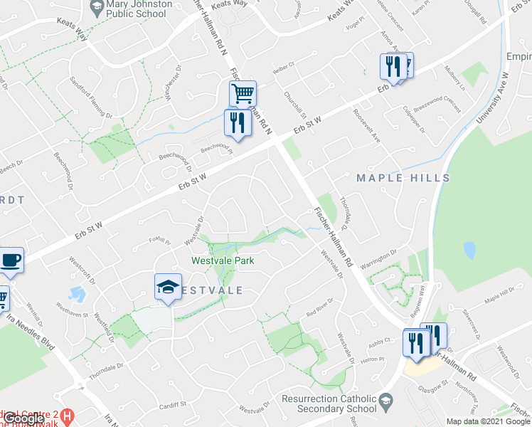 map of restaurants, bars, coffee shops, grocery stores, and more near 72 Pinemeadow Crescent in Waterloo