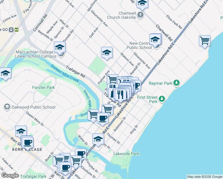 map of restaurants, bars, coffee shops, grocery stores, and more near 162 Reynolds Street in Oakville