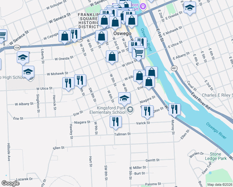 map of restaurants, bars, coffee shops, grocery stores, and more near 246 West 5th Street in Oswego