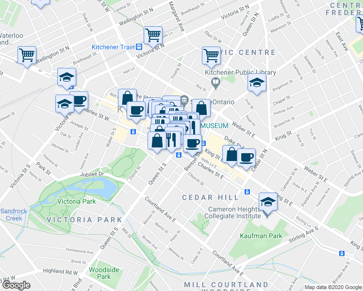 map of restaurants, bars, coffee shops, grocery stores, and more near 62 Queen Street South in Kitchener