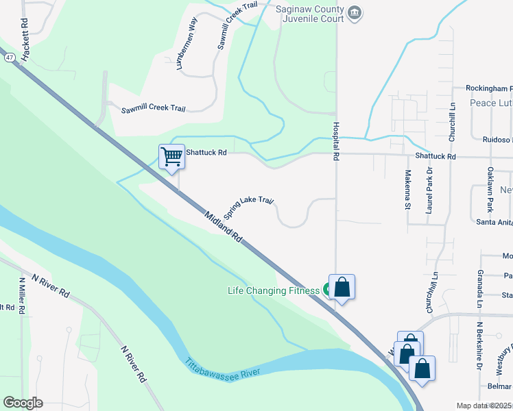 map of restaurants, bars, coffee shops, grocery stores, and more near 7251 Spring Lake Trail in Saginaw