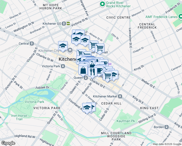 map of restaurants, bars, coffee shops, grocery stores, and more near 29 King Street East in Kitchener