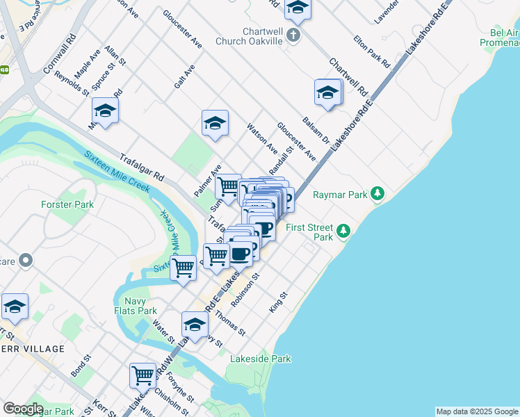 map of restaurants, bars, coffee shops, grocery stores, and more near 345 Church Street in Oakville