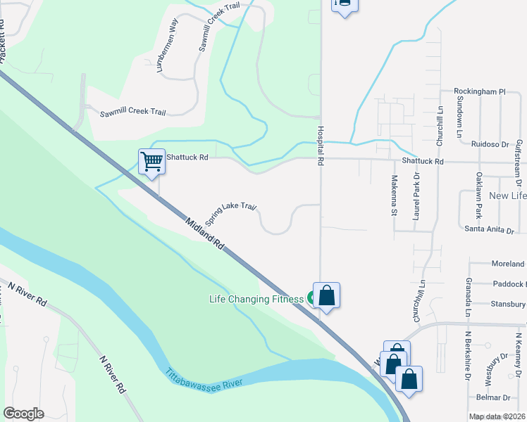 map of restaurants, bars, coffee shops, grocery stores, and more near 7166 Spring Lake Trail in Saginaw