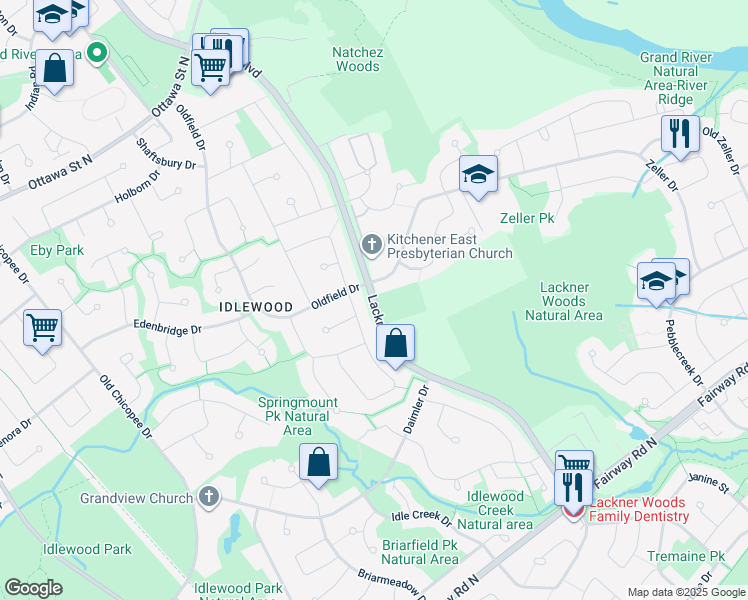 map of restaurants, bars, coffee shops, grocery stores, and more near 1200 Lackner Boulevard in Kitchener