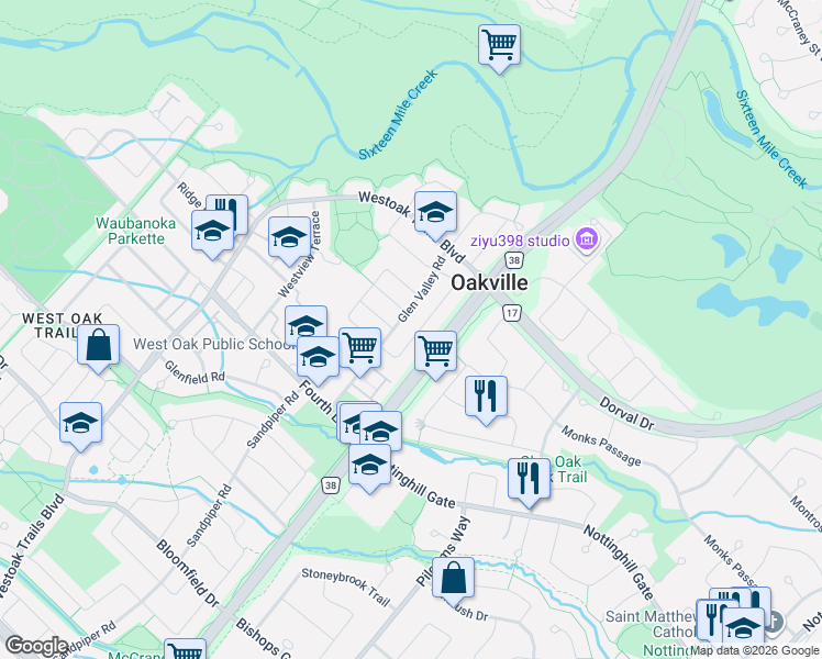 map of restaurants, bars, coffee shops, grocery stores, and more near 1193 Old Oak Drive in Oakville