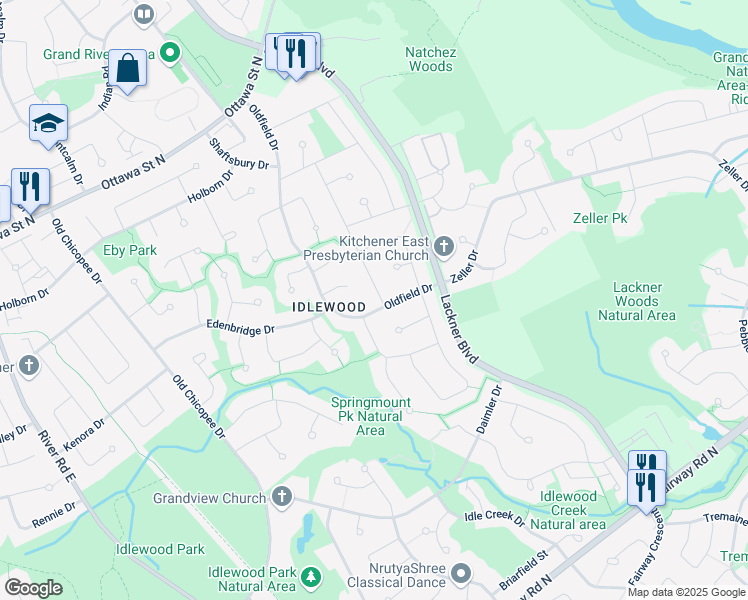 map of restaurants, bars, coffee shops, grocery stores, and more near 185 Oldfield Drive in Kitchener
