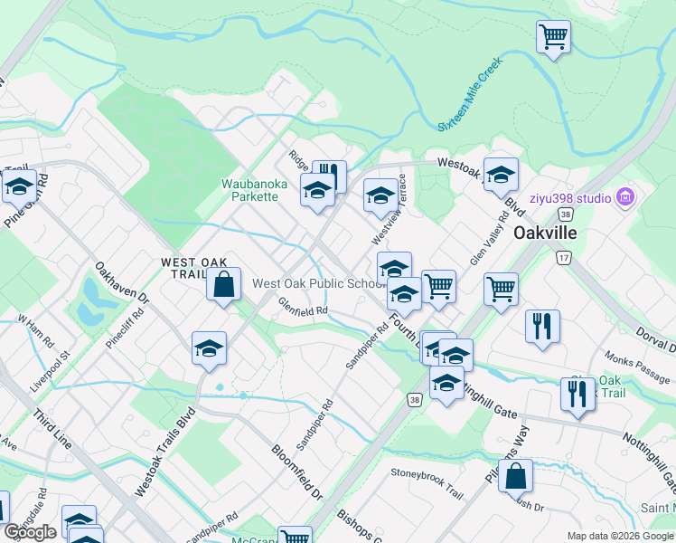 map of restaurants, bars, coffee shops, grocery stores, and more near 2150 Fourth Line in Oakville
