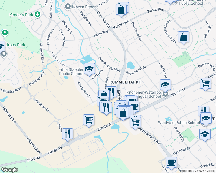 map of restaurants, bars, coffee shops, grocery stores, and more near in Waterloo