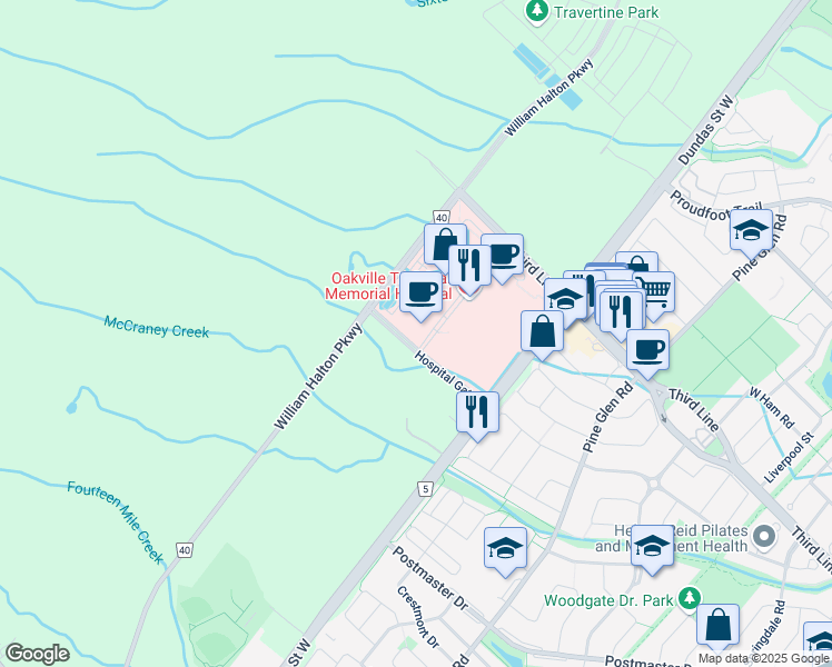 map of restaurants, bars, coffee shops, grocery stores, and more near 3100 Hospital Gate in Oakville