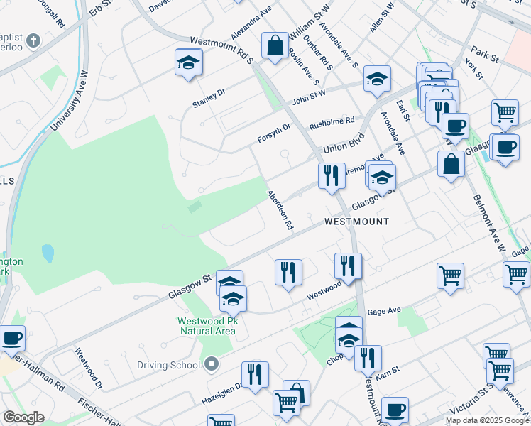 map of restaurants, bars, coffee shops, grocery stores, and more near 7 Huntley Crescent in Kitchener