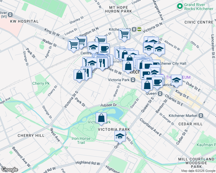map of restaurants, bars, coffee shops, grocery stores, and more near 36 Heins Ave in Kitchener