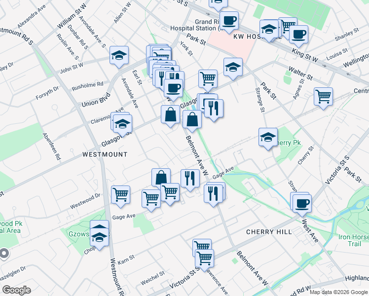 map of restaurants, bars, coffee shops, grocery stores, and more near 547 Belmont Avenue West in Kitchener