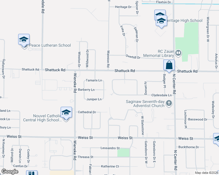 map of restaurants, bars, coffee shops, grocery stores, and more near 2860 Nottingham Drive West in Saginaw