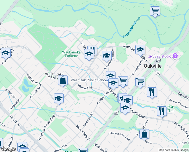 map of restaurants, bars, coffee shops, grocery stores, and more near 1218 Brillinger Street in Oakville