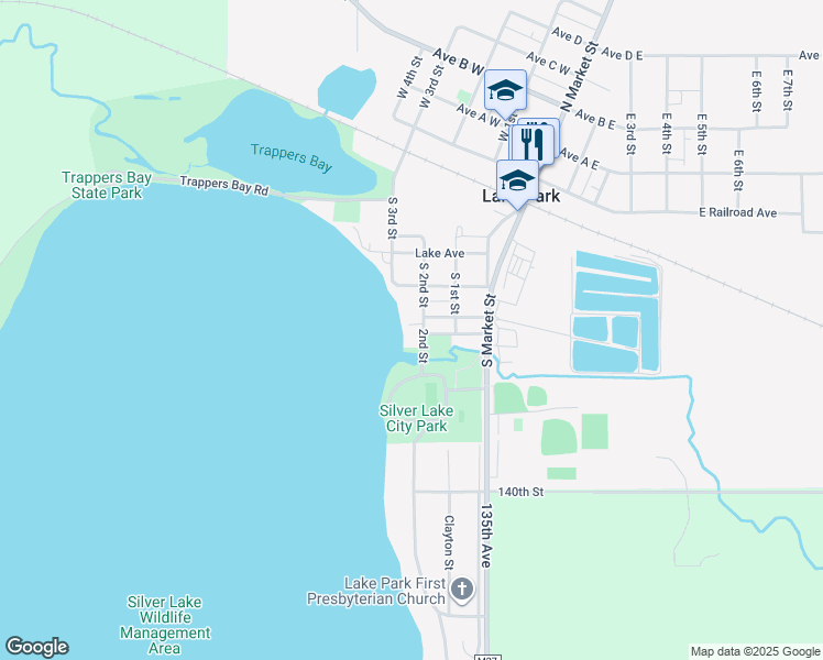 map of restaurants, bars, coffee shops, grocery stores, and more near 502 2nd Street in Lake Park