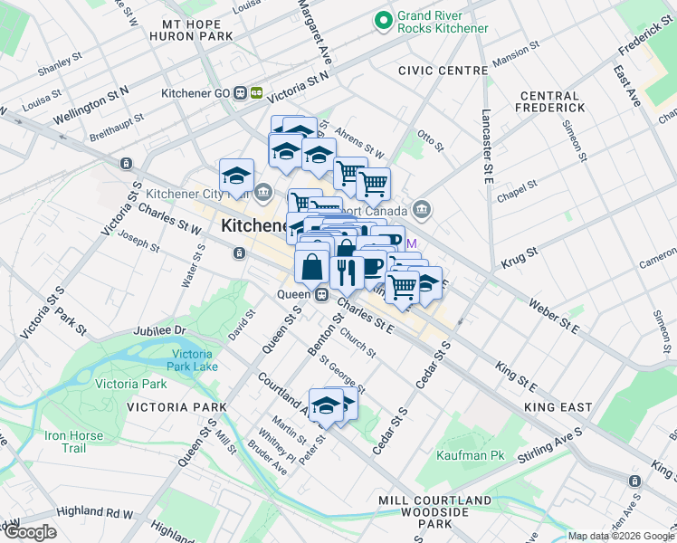 map of restaurants, bars, coffee shops, grocery stores, and more near 19 King Street East in Kitchener