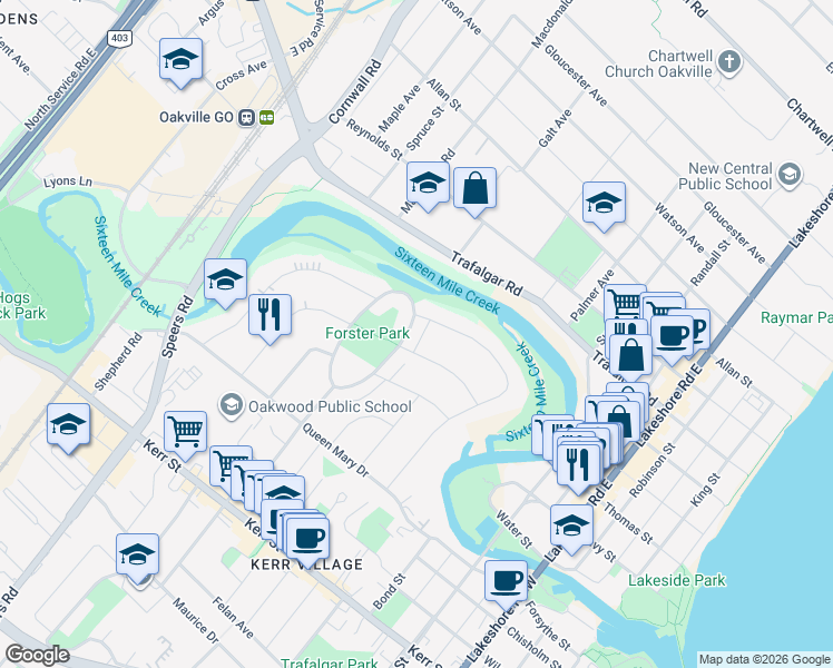 map of restaurants, bars, coffee shops, grocery stores, and more near 110 South Forster Park Drive in Oakville