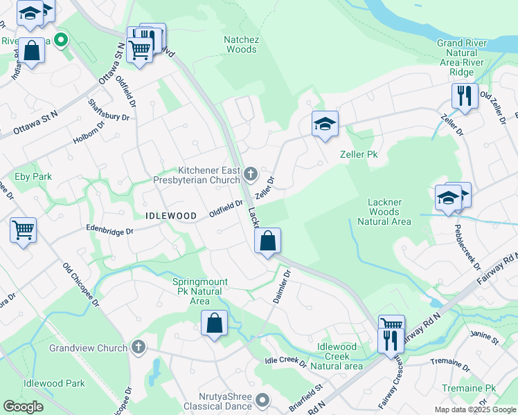 map of restaurants, bars, coffee shops, grocery stores, and more near 1000 Lackner Boulevard in Kitchener