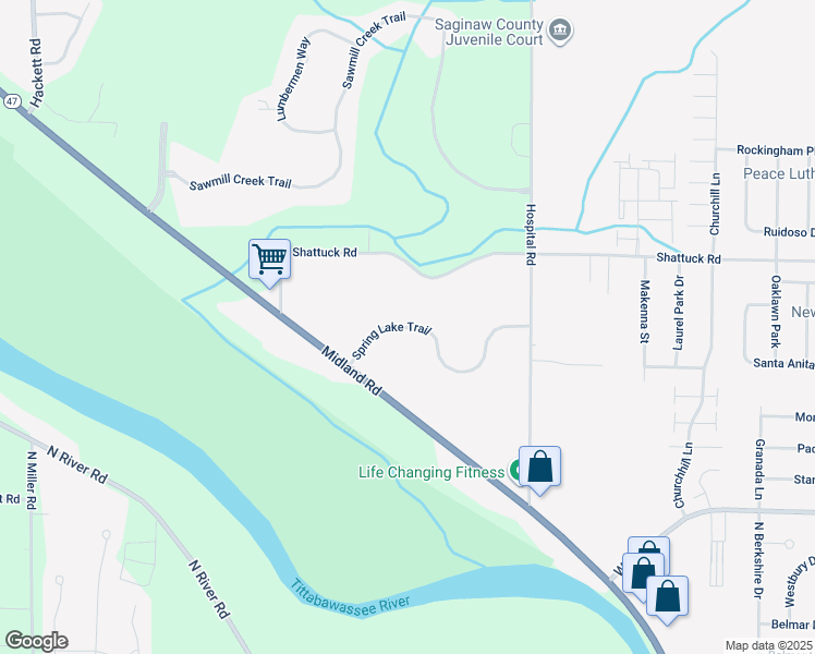 map of restaurants, bars, coffee shops, grocery stores, and more near 7251 Spring Lake Trail in Saginaw