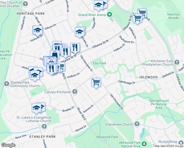 map of restaurants, bars, coffee shops, grocery stores, and more near 96 Conway Drive in Kitchener