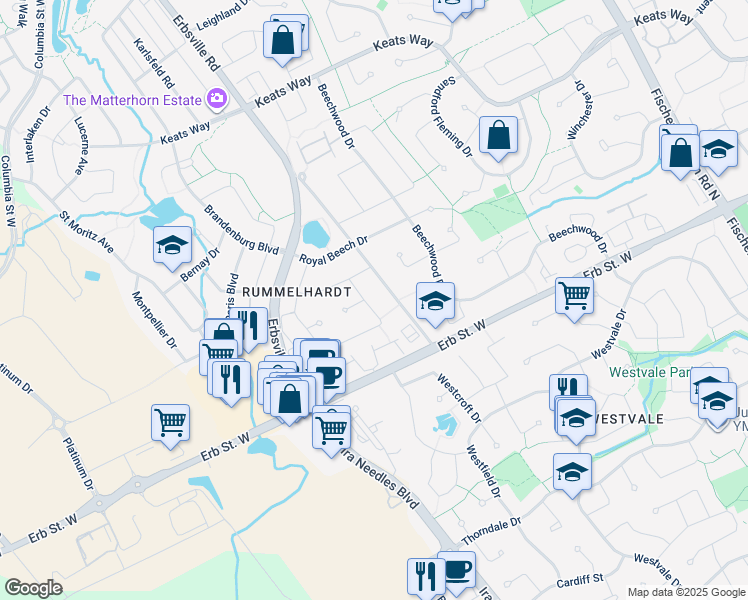 map of restaurants, bars, coffee shops, grocery stores, and more near 603 Pinerow Crescent in Waterloo
