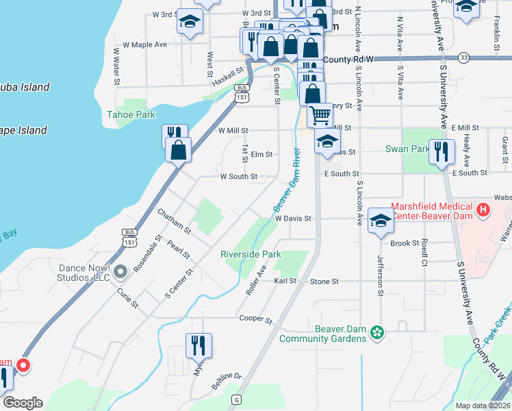 map of restaurants, bars, coffee shops, grocery stores, and more near 637 South Center Street in Beaver Dam