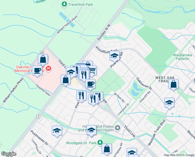 map of restaurants, bars, coffee shops, grocery stores, and more near 1493 Pine Glen Road in Oakville