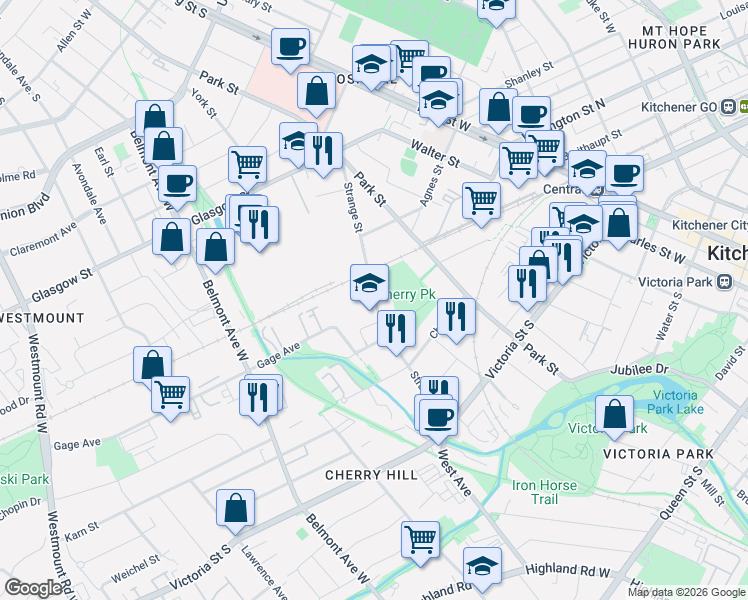 map of restaurants, bars, coffee shops, grocery stores, and more near 92 Strange Street in Kitchener