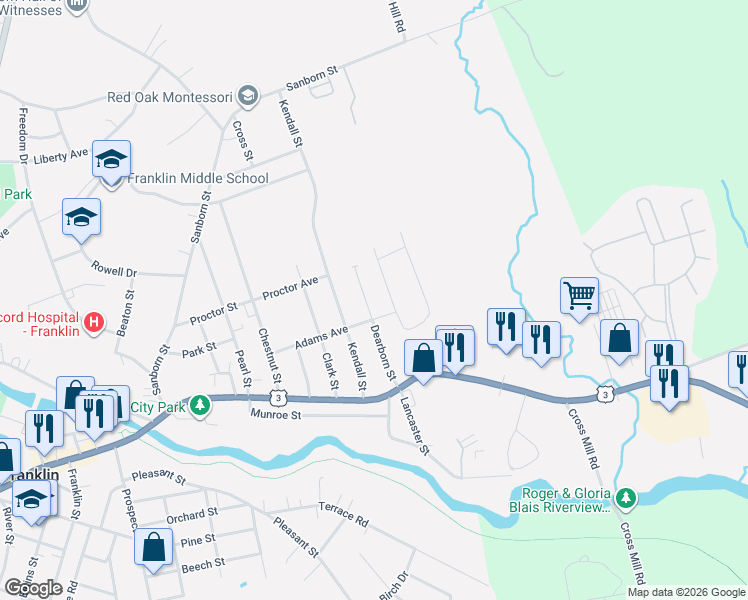 map of restaurants, bars, coffee shops, grocery stores, and more near 22 Dearborn Street in Franklin