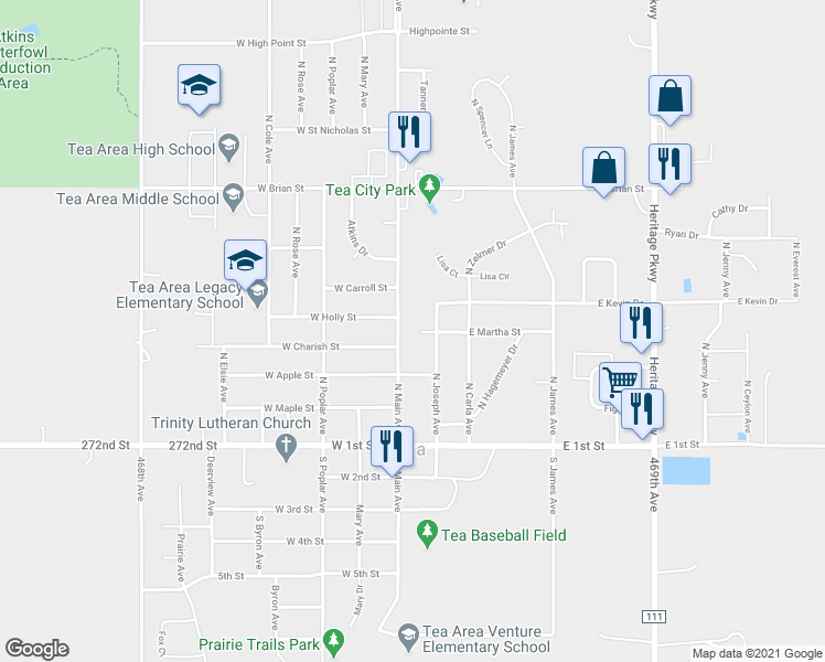map of restaurants, bars, coffee shops, grocery stores, and more near 320 North Main Avenue in Tea
