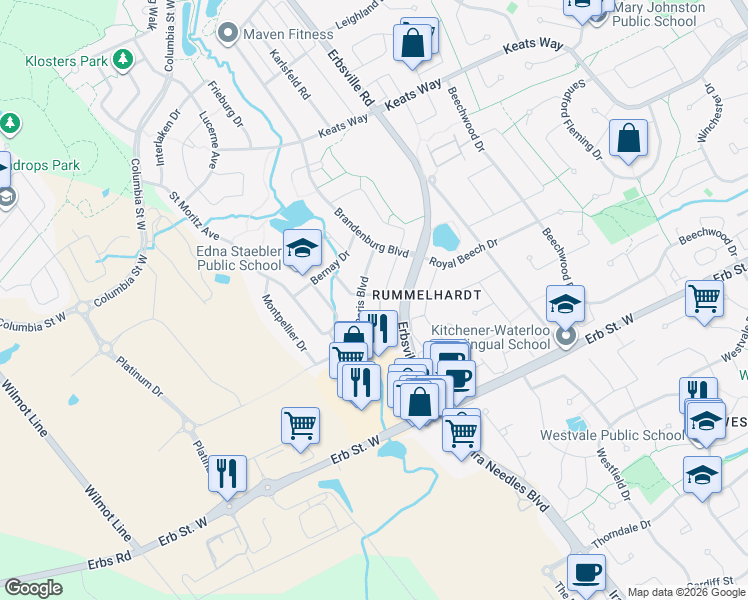 map of restaurants, bars, coffee shops, grocery stores, and more near 547 Chablis Drive in Waterloo
