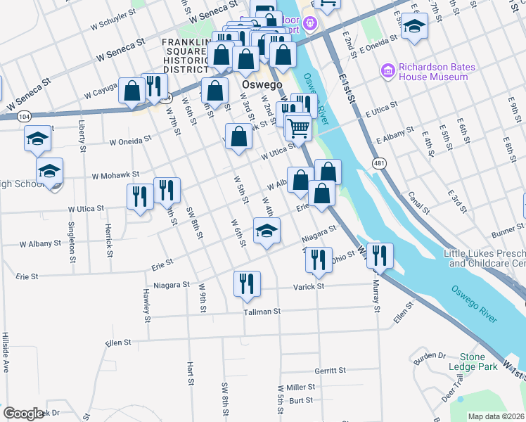 map of restaurants, bars, coffee shops, grocery stores, and more near 250 West 5th Street in Oswego