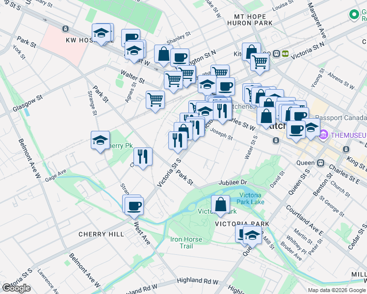 map of restaurants, bars, coffee shops, grocery stores, and more near 120 Victoria Street South in Kitchener