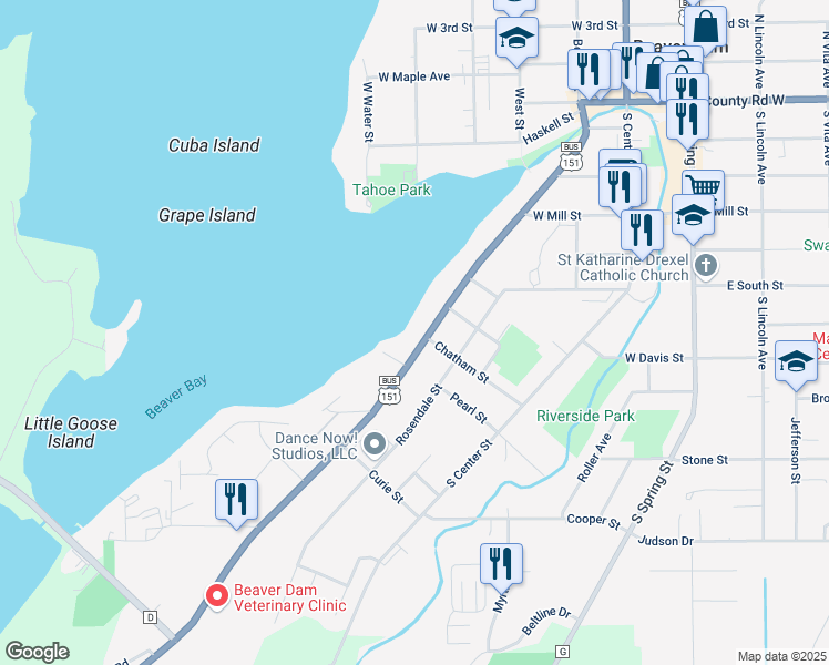 map of restaurants, bars, coffee shops, grocery stores, and more near 714 Madison Street in Beaver Dam